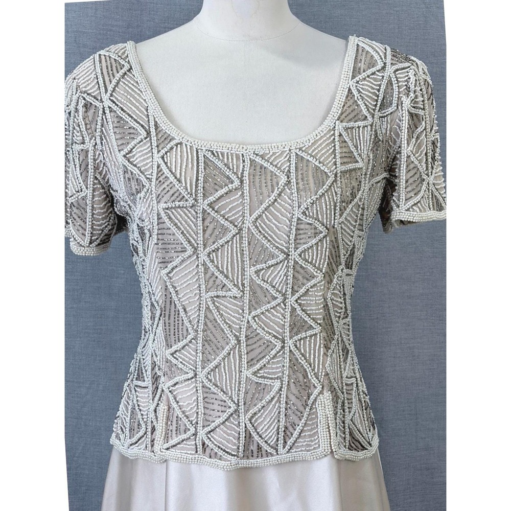 Vintage Stenay Beaded Silk Gown Ivory Geometric Seed Pearl Bodice Formal Maxi 8